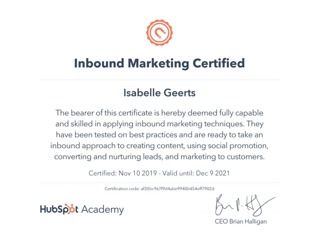 Inbound marketing_certificate_Isabelle Geerts