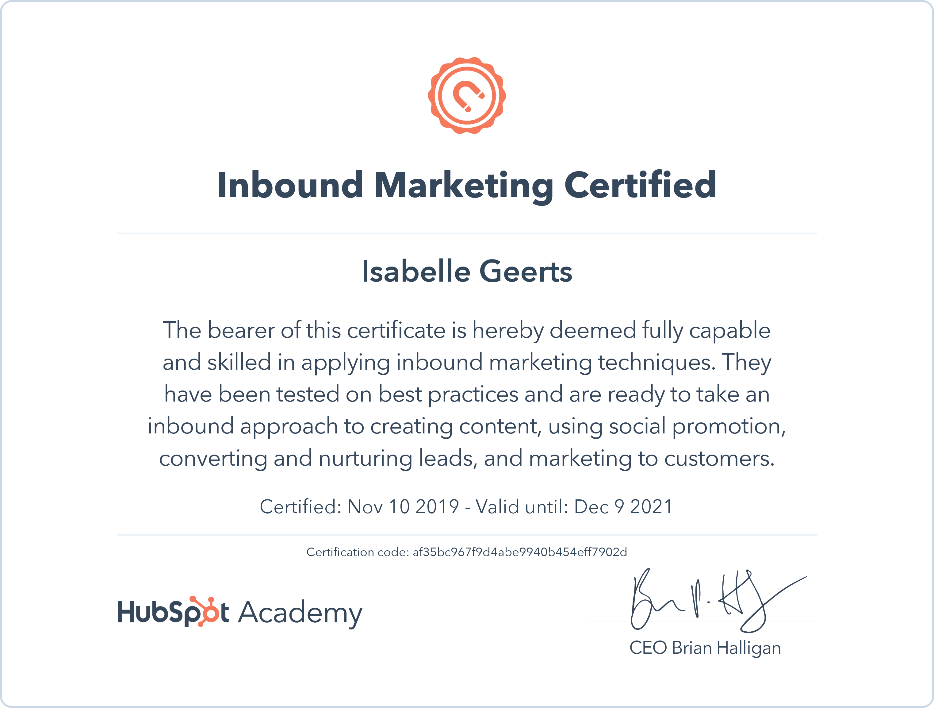 Certificaat Inbound Marketing Hubspot